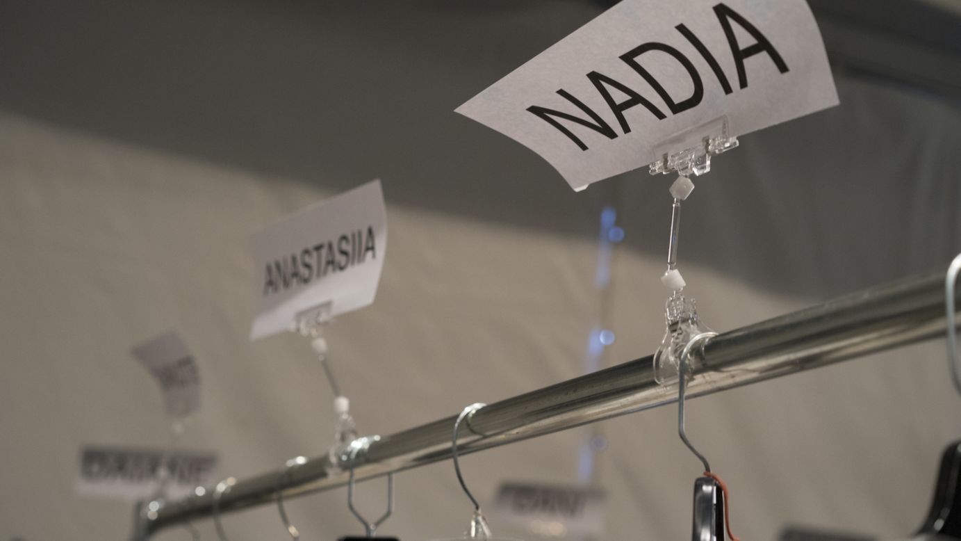 Name tags for models' clothes are seen backstage at Mathieu Mirano's February 10 show.