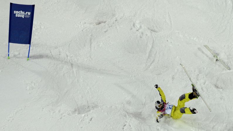 Kazakhstan's Dmitriy Barmashov falls during qualifying for the men's moguls event on February 10.