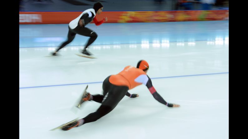 Dutch speedskater Stefan Groothuis falls February 10 during the men's 500 meters.