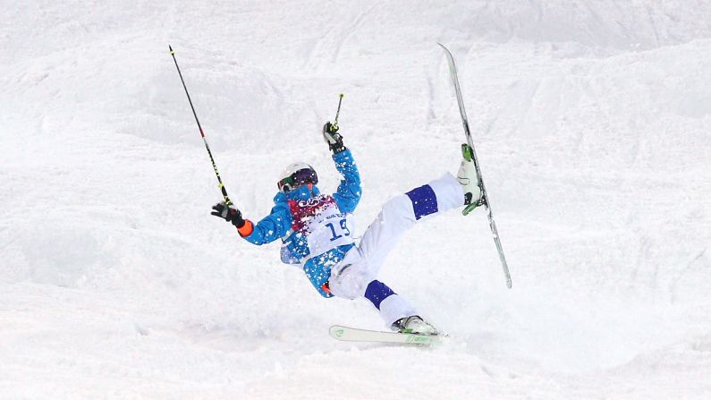 Ville Miettunen of Finland crashes out in the men's moguls.