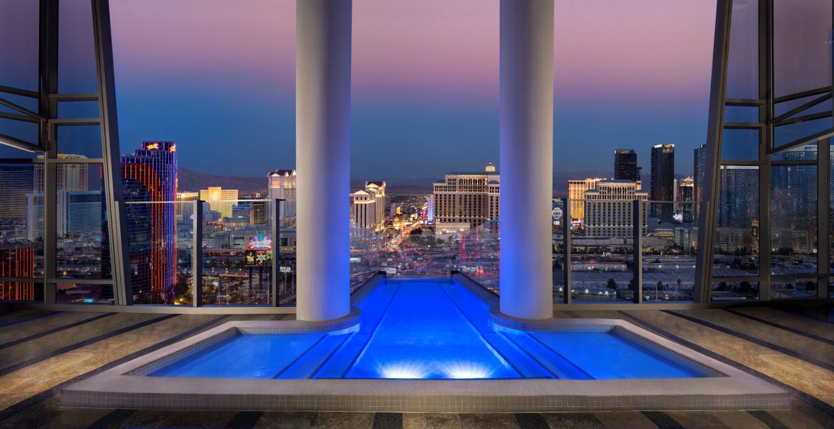 The $40,000, two-story Sky Villa at the Palms Casino Resort in Las Vegas is spread out over 9,000 square feet. Perks include a 12-person, glass-enclosed Jacuzzi pool overlooking the Vegas Strip, a private glass elevator, private terraces, a massage room, a fitness room, a dry sauna and 24-hour butler service. 