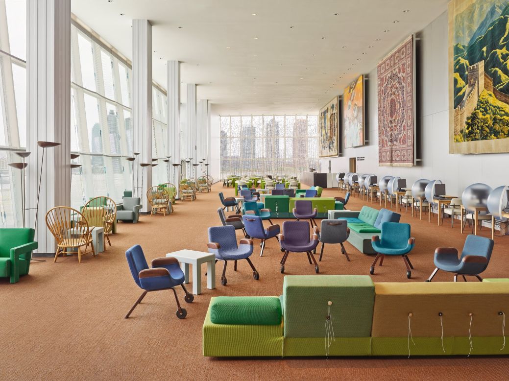 <em>New interior  for United Nations North Delegates lounge, New York</em><br /><br />Dutch industrial designer <a href="http://www.jongeriuslab.com/" target="_blank" target="_blank">Hella Jongerius</a> gathered a superstar team, including Rem Koolhaas, Irma Boom, Gabriel Lester and Louise Schouwenberg, to redesign the North Delegates lounge within the UN in New York. The designers carefully edited the existing space, applying iconic Scandinavian aesthetic to create an area of comfort and informality. <br />