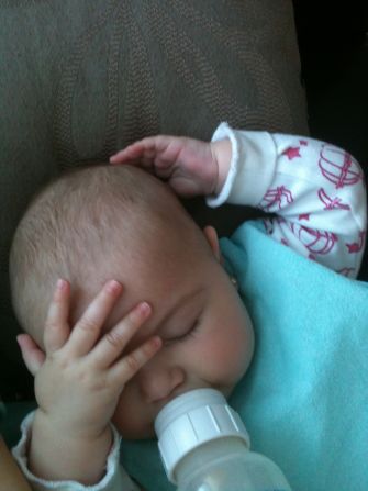 "Wow, my day was exhausting!" -- Poor Evangeline Monaco, 4 months, could barely lift her head to finish a meal. 
