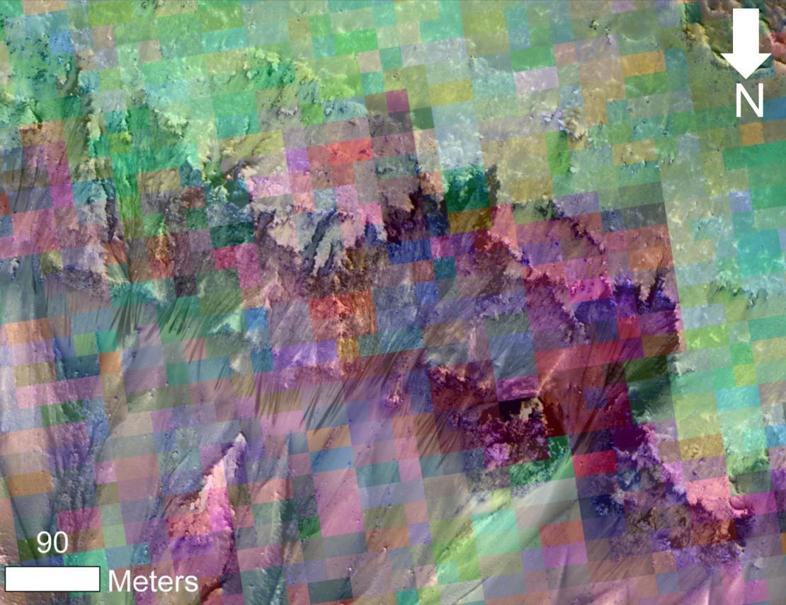 An image of seasonal flows is combined with colors representing minerals in the area.