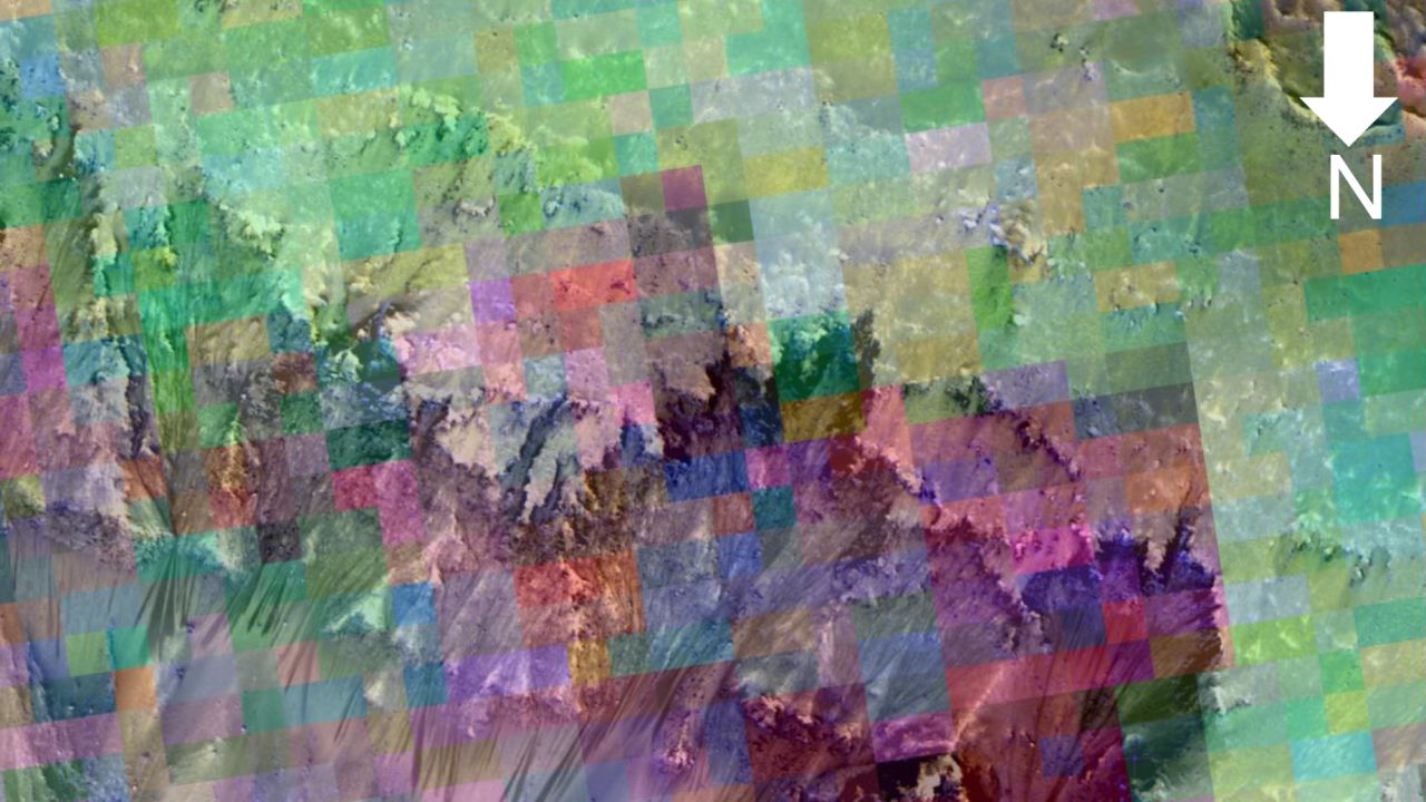 An image of seasonal flows is combined with colors representing minerals in the area.