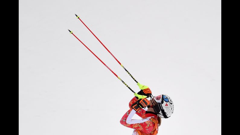 German skier Maria Hoefl-Riesch reacts after her slalom run in the super-combined event February 10.