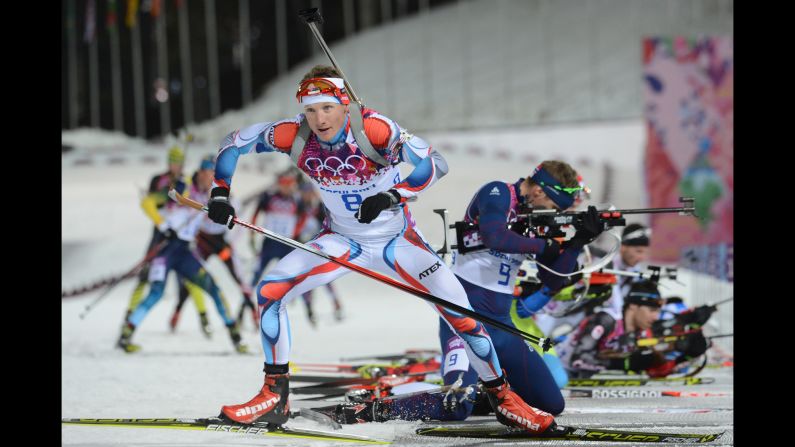 Czech biathlete Ondrej Moravec competes in the 12.5-kilometer pursuit on February 10.