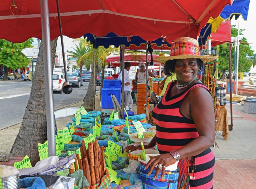 Colorful spices compete with bottles of homemade fruit rum punch, bright as a painter's palette. On Grande-Terre, St. Anne's beachfront market is a local favorite. 