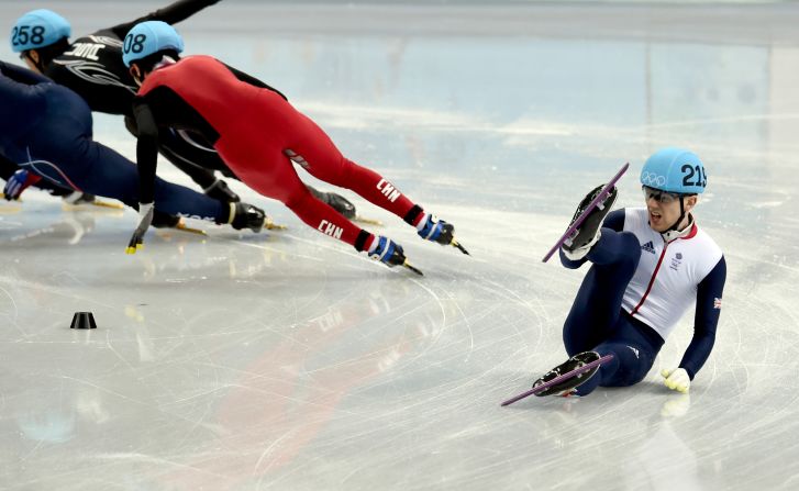 Jack Whelbourne of Great Britain falls during the men's 1,500-meter short track speedskating final on Monday, February 10