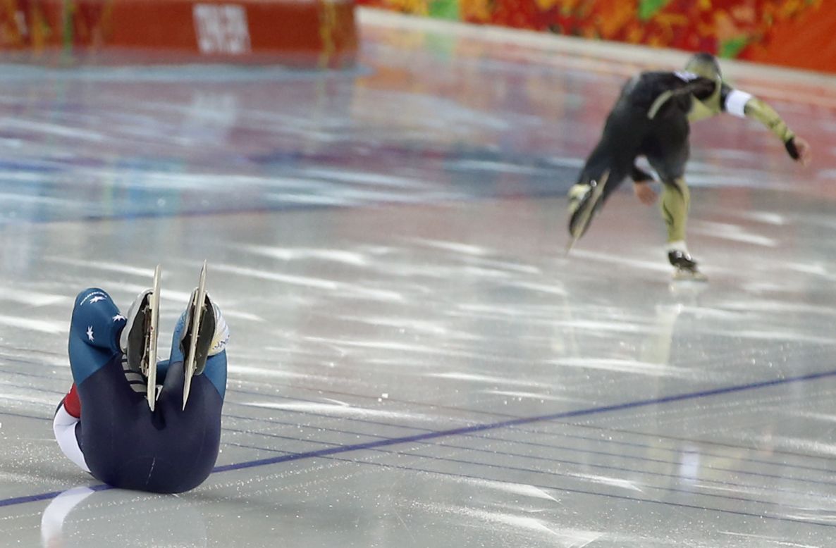 Australia's Daniel Greig crashes February 10 in the first heat of his 500-meter speedskating race.