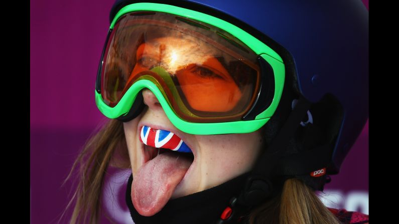 British skier Katie Summerhayes celebrates during slopestyle qualifying on February 11.