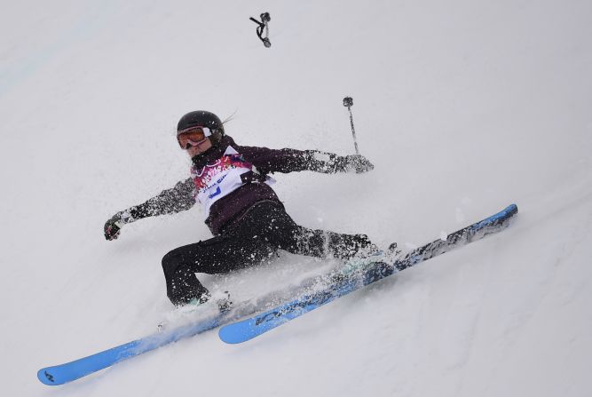 Austria's Philomena Bair falls during slopestyle qualification on February 11.