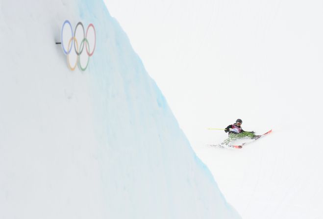 Italian skier Silvia Bertagna falls during slopestyle qualification on February 11.