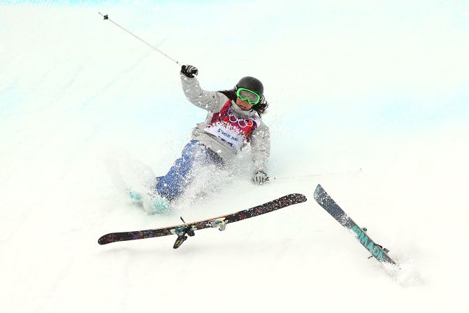 Anna Mirtova of Russia falls while competing in the slopestyle event on February 11.
