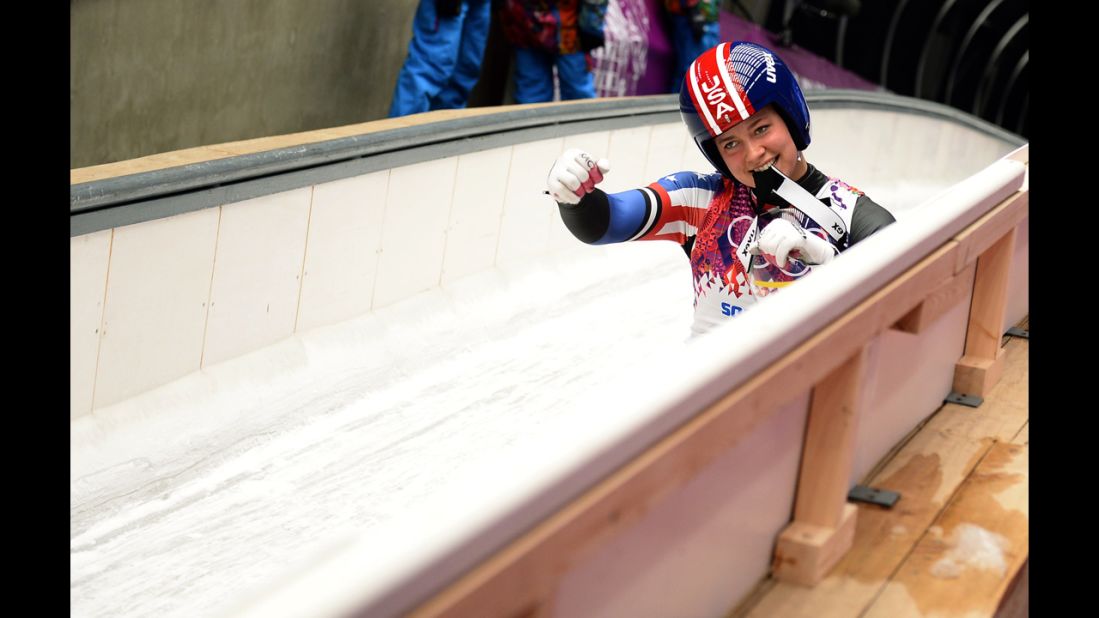 American Erin Hamlin gestures after one of her runs in the luge on February 11.