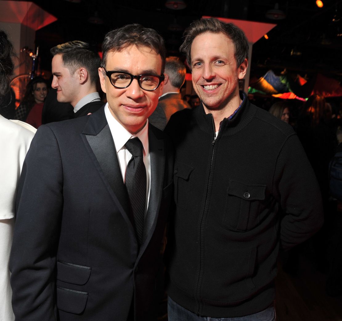 Seth Meyers, right, takes over "Late Night" with Fred Armisen as bandleader.