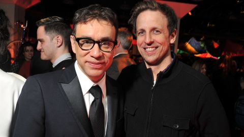 Seth Meyers, right, takes over "Late Night" with Fred Armisen as bandleader.