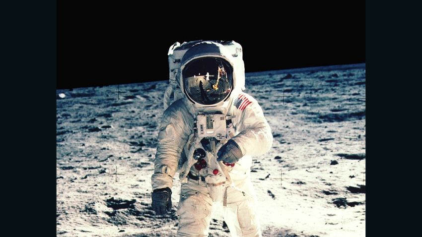 aman Buzz Aldrin poses for portrait moon