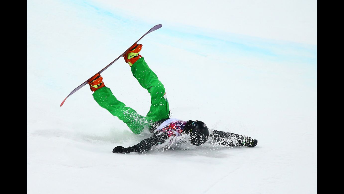 Snowboarder Seamus O'Connor of Ireland crashes during the men's halfpipe competition on February 11.
