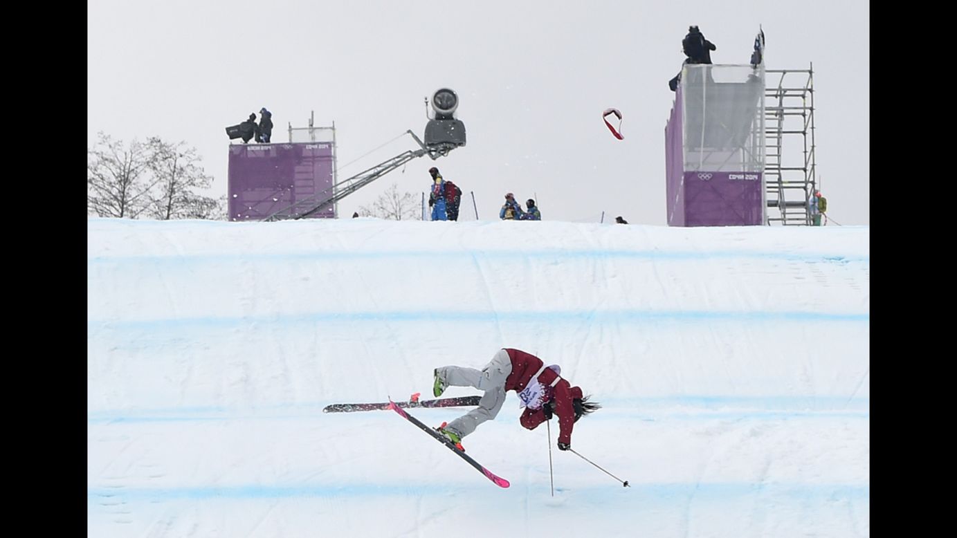 Canadian skier Yuki Tsubota crashes in the slopestyle finals on February 11.