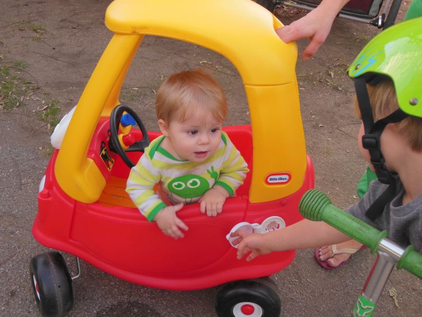 "I'm out of gas!  Can someone give me a push?" -- Owen Flemming Banks, age 11 months, hopes to get a push from 4-year-old brother, Mason.