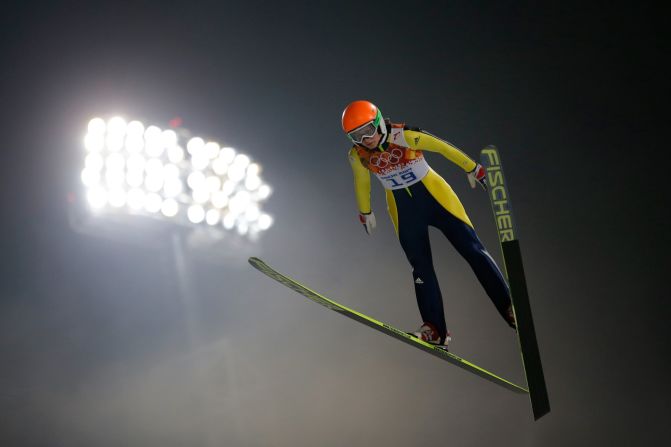 Eva Logar of Slovenia competes in the women's normal hill ski jumping event on February 11.