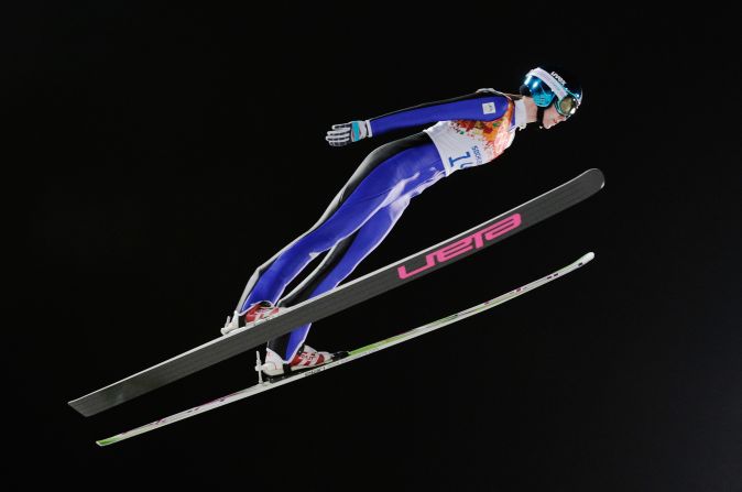 Katja Pozun of Slovenia jumps during the women's normal hill ski jumping event on February 11.