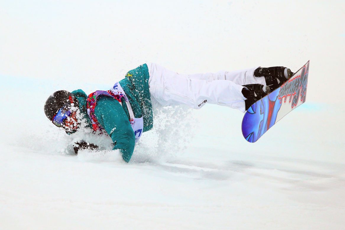 Snowboarder Kent Callister of Australia crashes out in the men's halfpipe finals on Tuesday, February 11.