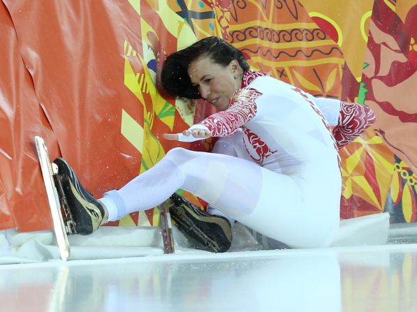 Russian speedskater Yekaterina Lobysheva falls while competing in the 500 meters on February 11.