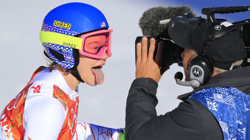 Skier Laurenne Ross of the United States reacts after her run in the downhill event February 12.