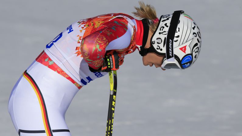 Germany's Maria Hoefl-Riesch catches her breath after her downhill run.