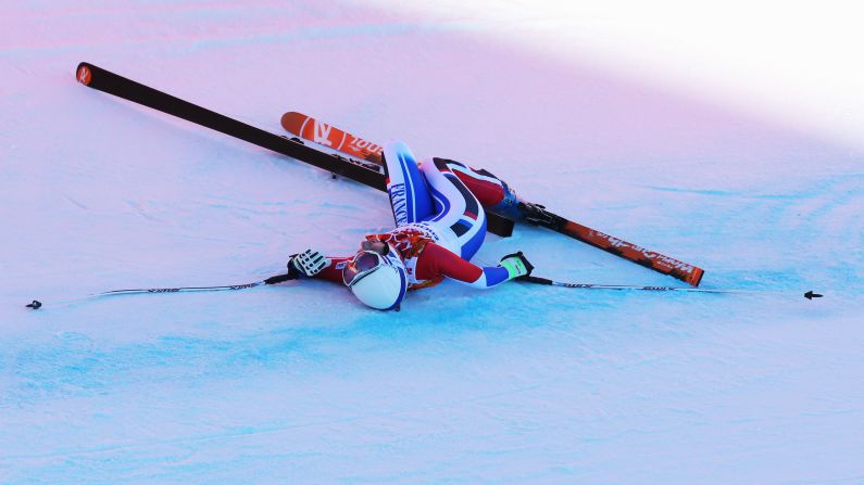 Skier Marie Marchand-Arvier of France crashes during a run in the women's downhill event on February 12.