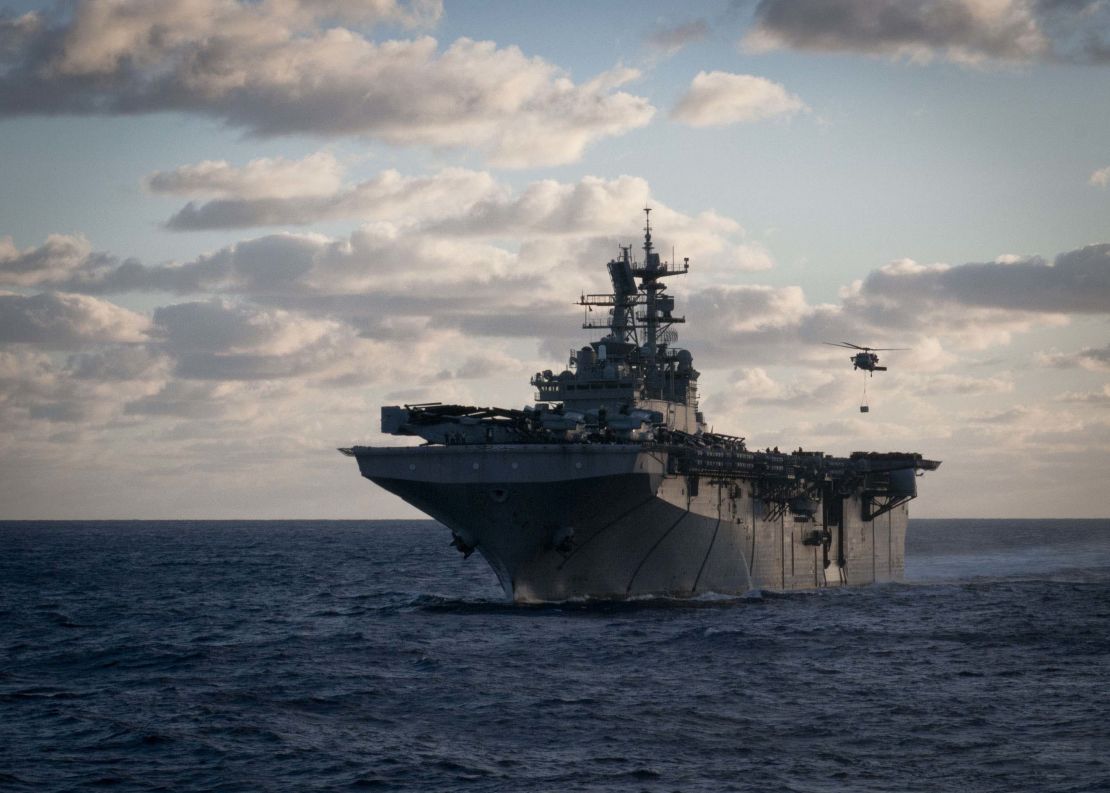 Multipurpose amphibious assault ship USS Iwo Jima sails in the Atlantic Ocean.