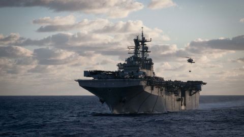 Multipurpose amphibious assault ship USS Iwo Jima sails in the Atlantic Ocean.