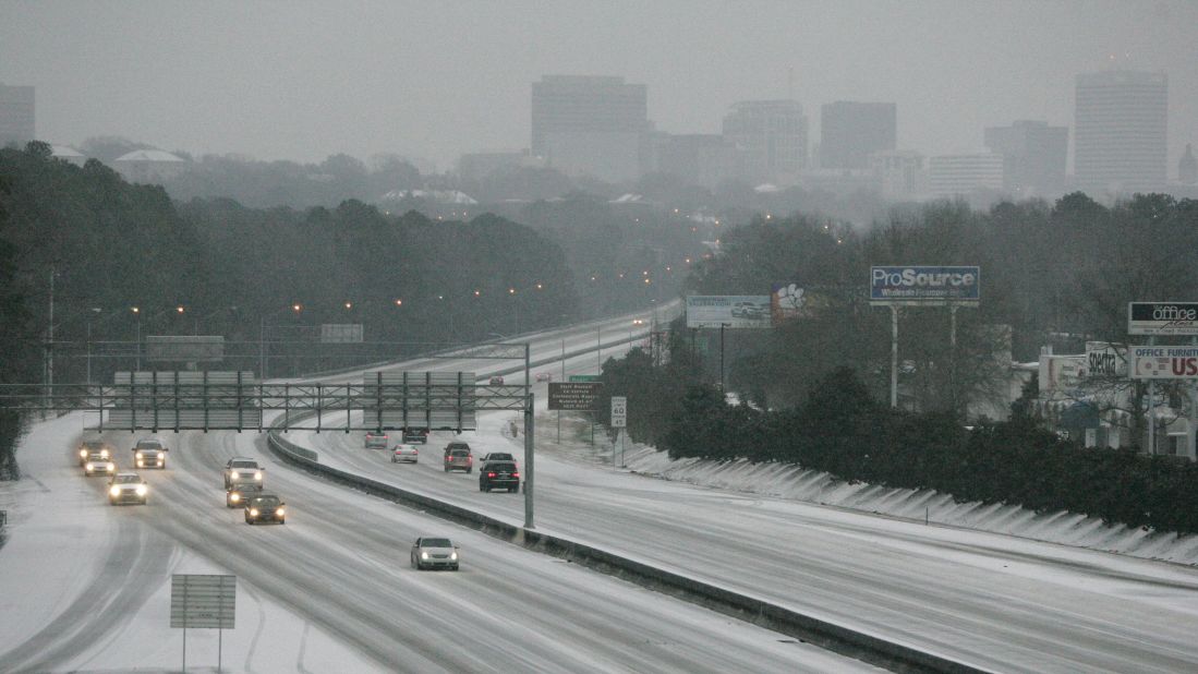 Ice and snow cover Interstate 26 in Columbia, South Carolina, on February 12.