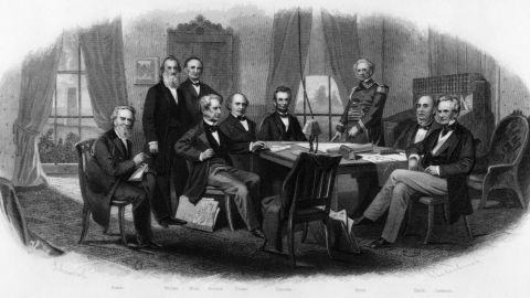 An engraving of President Abraham Lincoln and his Cabinet with Gen. Winfield Scott at the White House, circa 1864. 