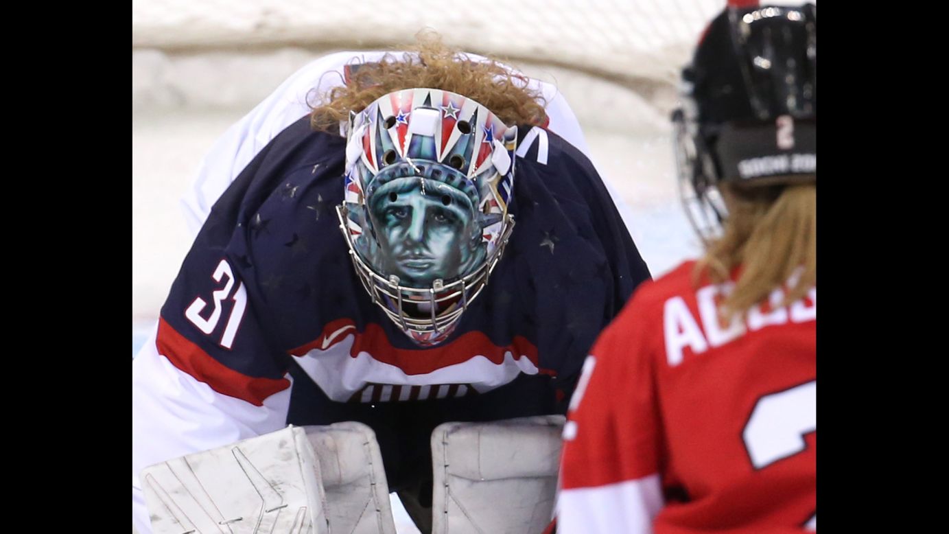 American goalie Jessie Vetter makes a save in the second period of the Canada game on February 12.