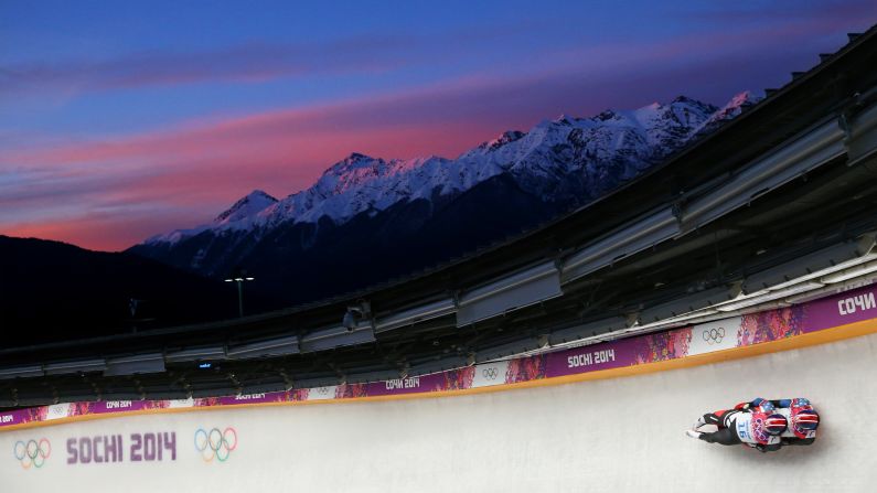 Americans Matthew Mortensen and Preston Griffall make a run during the men's luge doubles competition on February 12.