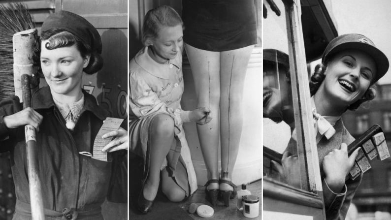 World War Two was a radical time for women's work wear, with many taking on the jobs of men away in battle -- such as the London Underground cleaner pictured on the left, and the bus conductor on the right. Rations also meant luxuries like stockings were in short supply. The center image shows a make-up artist drawing lines on the backs of bare legs, to give the illusion of stocking seams.