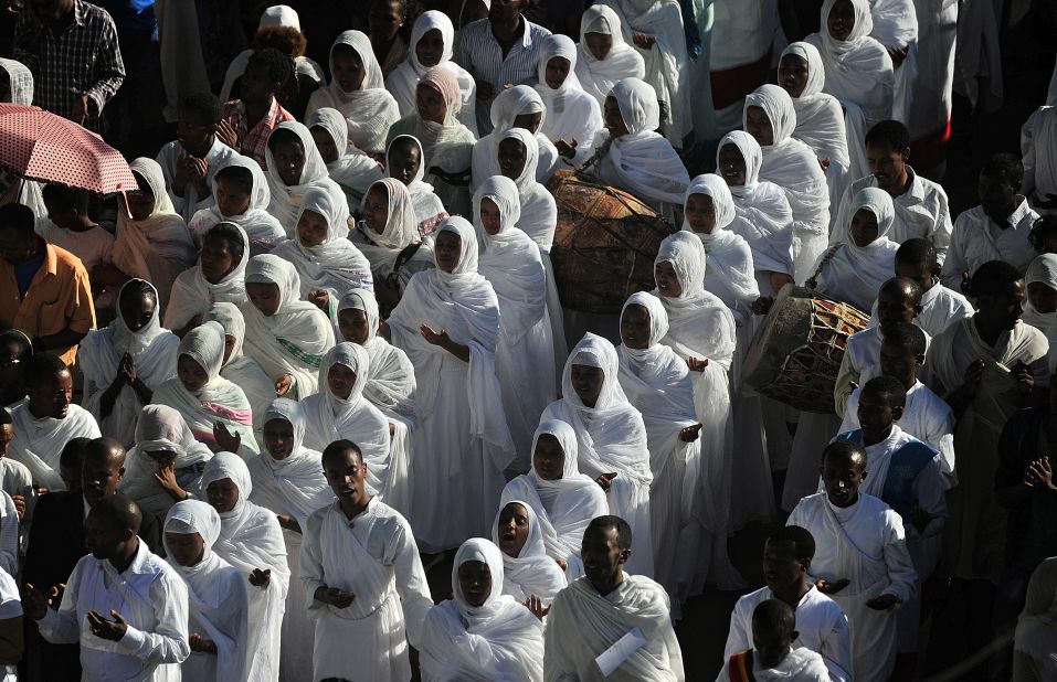 During Timket, congregants don traditional white robes.