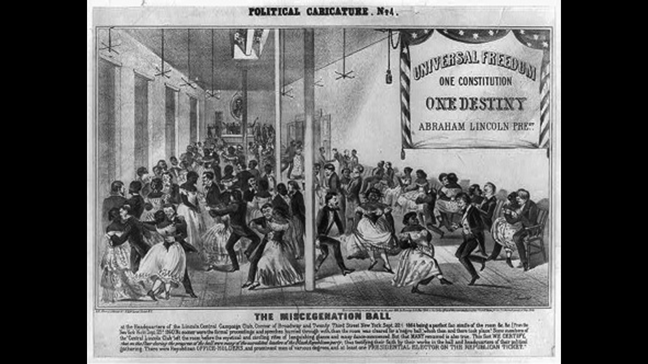 An 1864 satirical cartoon illustrates a 'miscegenation ball' at President Abraham Lincoln's campaign club. 