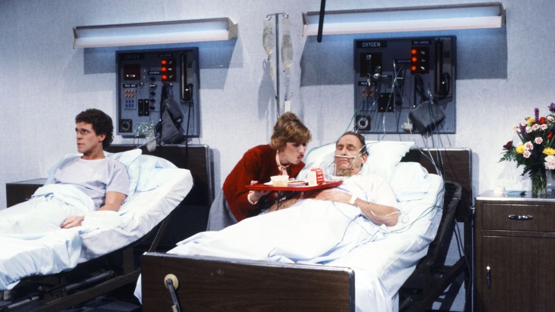 Caesar plays a patient during the "Whiners" skit on a 1983 episode of "Saturday Night Live." Joe Piscopo, left, and Robin Duke play the parts of Doug and Wendy Whiner.