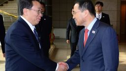 Head of the North Korean high-level delegation Won Tong Yon (L) shakes hands with his South Korean counterpart Kim Kyou-hyun (R) prior to their talks at the truce village of Panmunjom in the Demilitarised Zone (DMZ) on February 12, 2014. North and South Korean officials held their highest level talks for years, seeking to thrash out common ground for improving ties despite a row over looming South Korea-US military drills. REPUBLIC OF KOREA OUT AFP PHOTO / UNIFICATION MINISTRY / YONHAP ----EDITORS NOTE---- RESTRICTED TO EDITORIAL USE - MANDATORY CREDIT "AFP PHOTO / UNIFICATION MINISTRY / YONHAP" NO MARKETING NO ADVERTISING CAMPAIGNS - DISTRIBUTED AS A SERVICE TO CLIENTSUNIFICATION MINISTRY/AFP/Getty Images