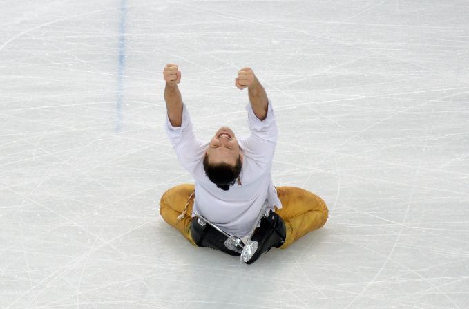 Russia's Maxim Trankov reacts after performing with Tatiana Volosozhar in pairs figure skating on February 12.