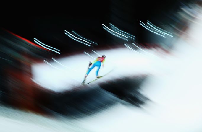 Kamil Stoch of Poland trains on the large hill ski jumping course on February 12. He won the normal hill competition earlier in these Games.