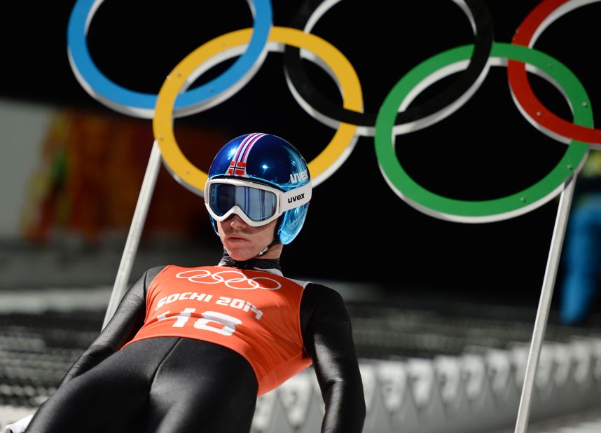 Ski jumper Anders Fannemel of Norway gets into position on February 12.