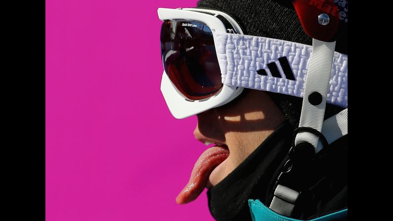 Russell Henshaw of Australia sticks out his tongue during the men's slopestyle.
