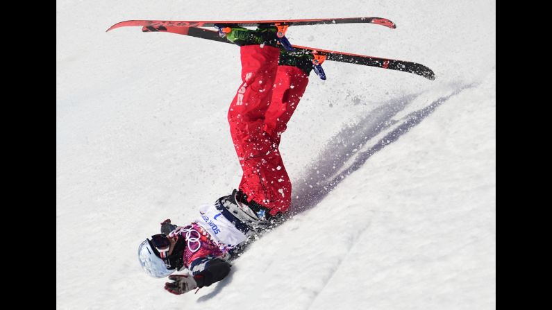 Nicholas Goepper of the United States crashes in the men's slopestyle February 13.