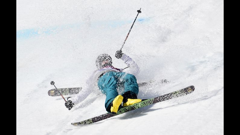 Finland's Aleksi Patja crashes in the men's slopestyle.