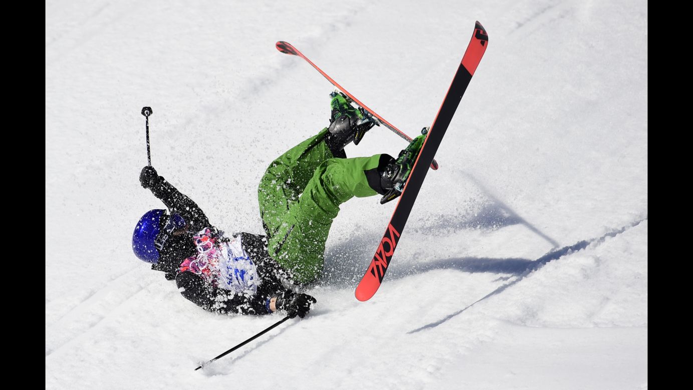 Italy's Markus Eder crashes in the men's slopestyle.